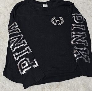 Victorias Secret PINK NWOT Silver Sequins Dog Wreath Logo Campus Long   Sleeve